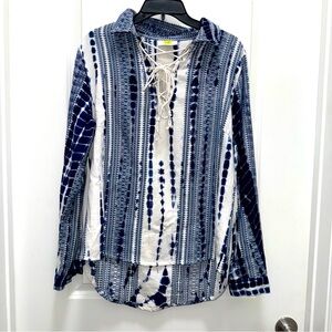 Solito Dreamer Lasso Blue White Tie Dye Tie Front Woven Top Size Small